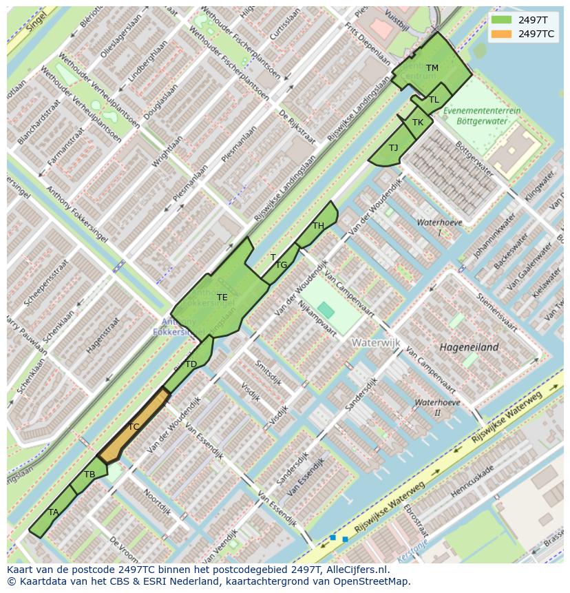Afbeelding van het postcodegebied 2497 TC op de kaart.