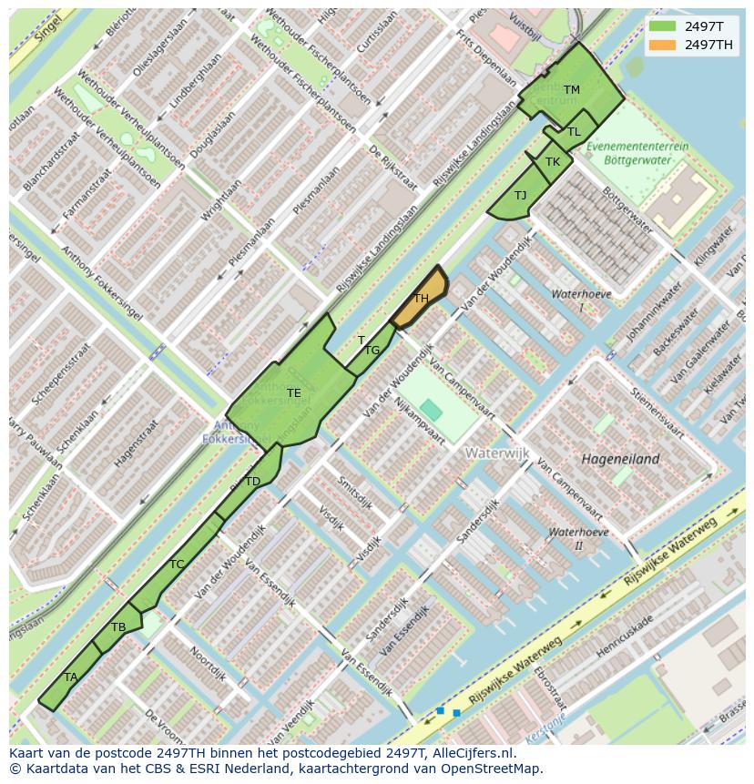 Afbeelding van het postcodegebied 2497 TH op de kaart.