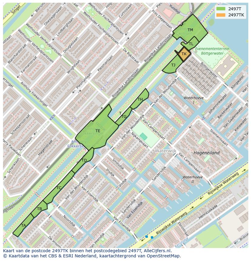 Afbeelding van het postcodegebied 2497 TK op de kaart.