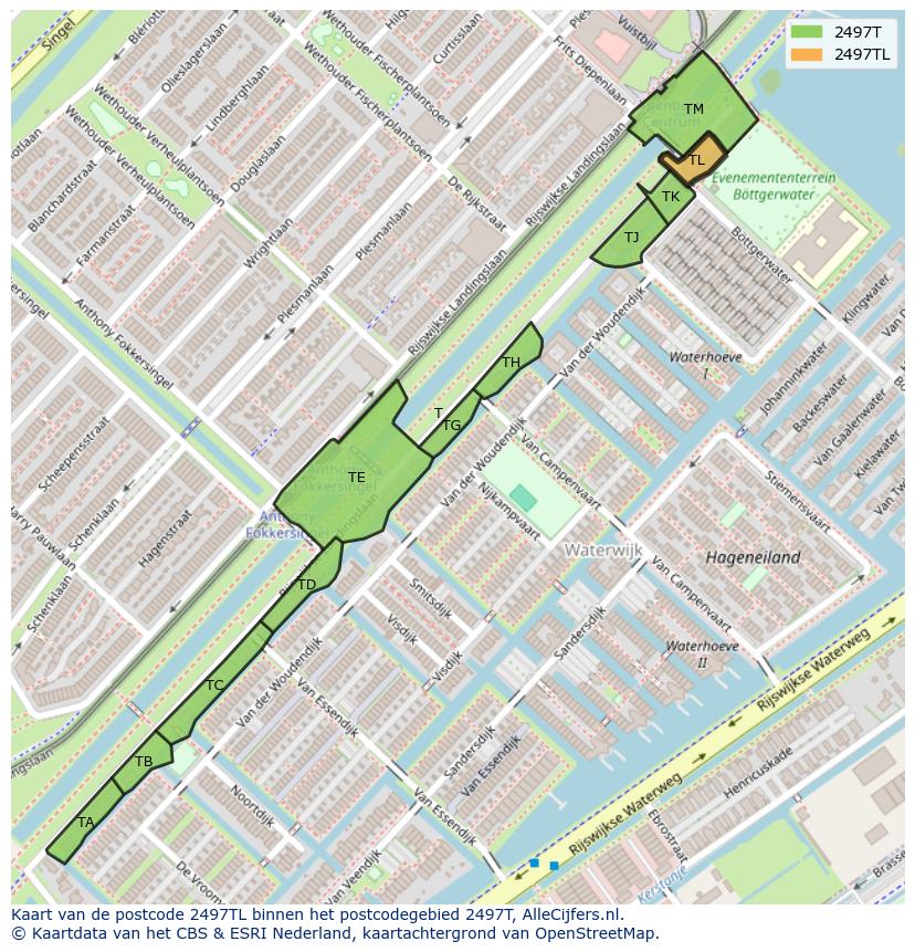 Afbeelding van het postcodegebied 2497 TL op de kaart.