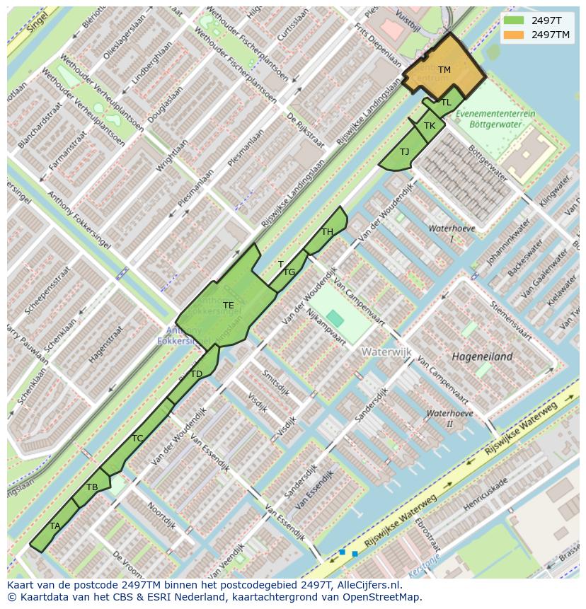 Afbeelding van het postcodegebied 2497 TM op de kaart.