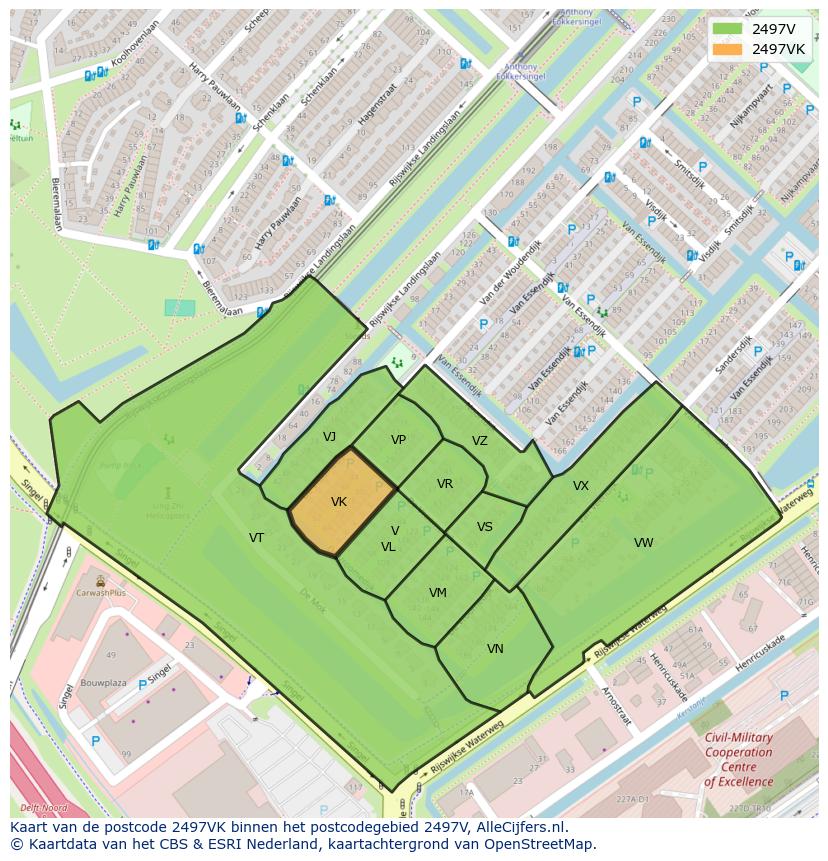 Afbeelding van het postcodegebied 2497 VK op de kaart.