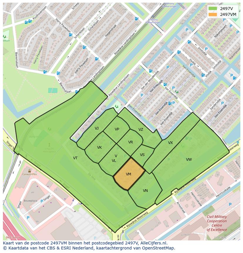 Afbeelding van het postcodegebied 2497 VM op de kaart.