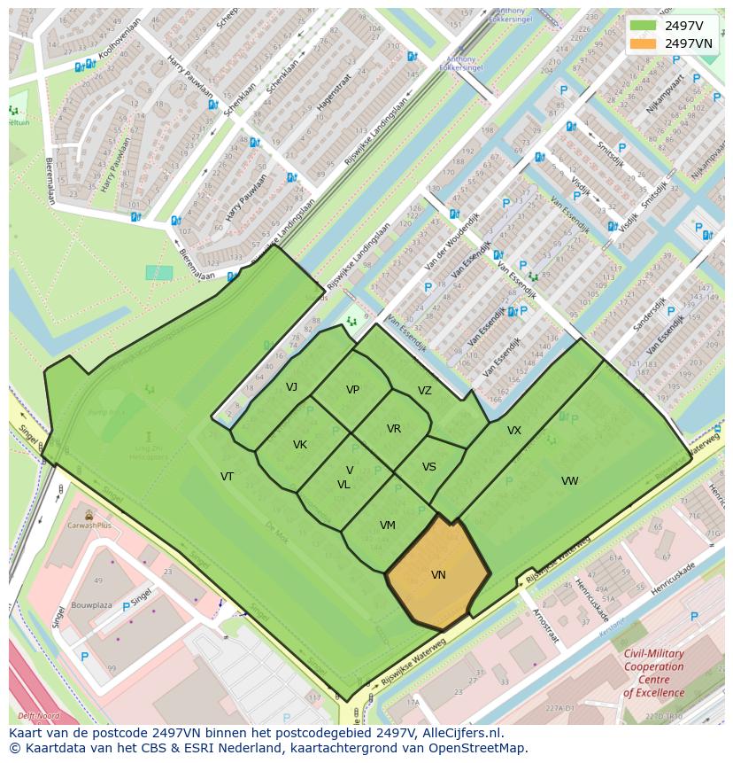 Afbeelding van het postcodegebied 2497 VN op de kaart.