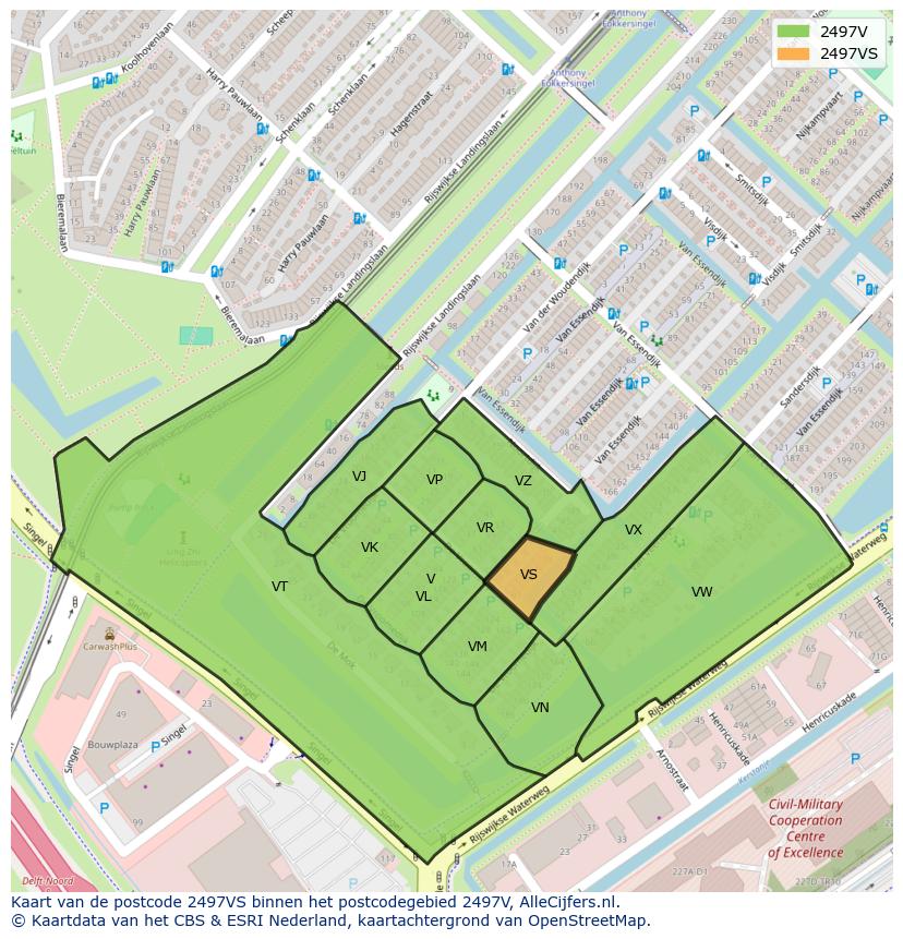 Afbeelding van het postcodegebied 2497 VS op de kaart.