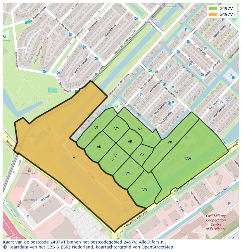 Afbeelding van het postcodegebied 2497 VT op de kaart.