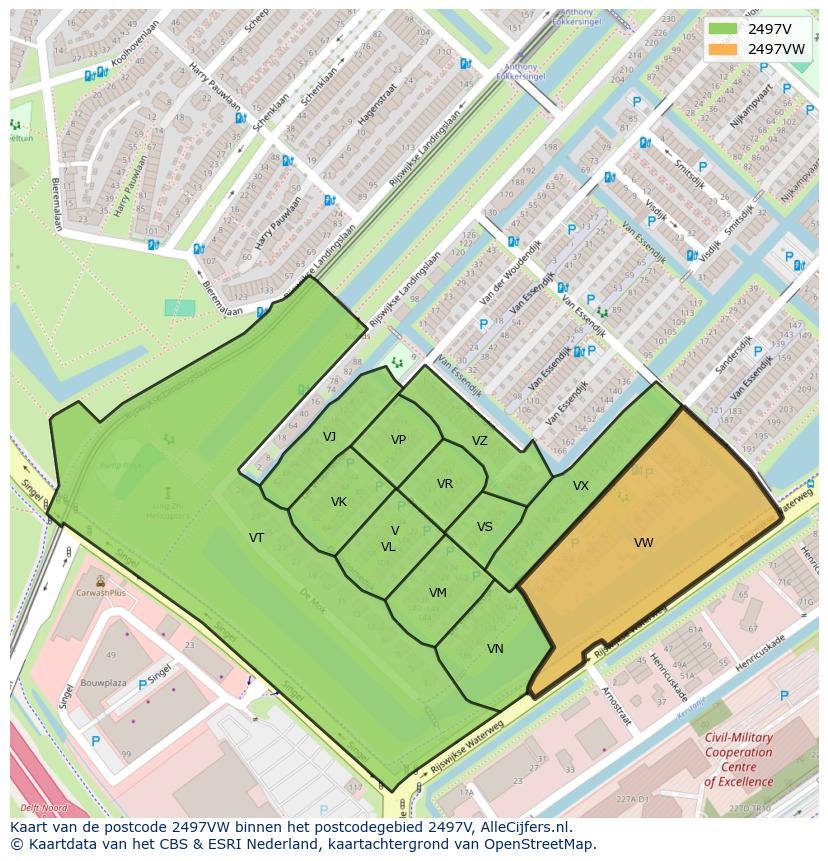 Afbeelding van het postcodegebied 2497 VW op de kaart.
