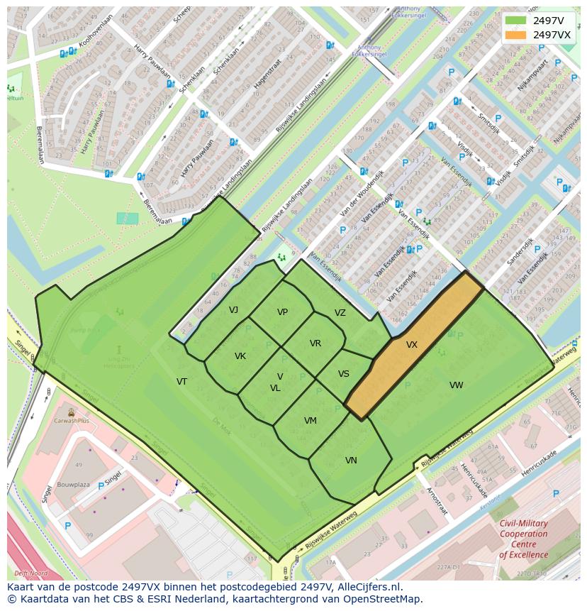 Afbeelding van het postcodegebied 2497 VX op de kaart.