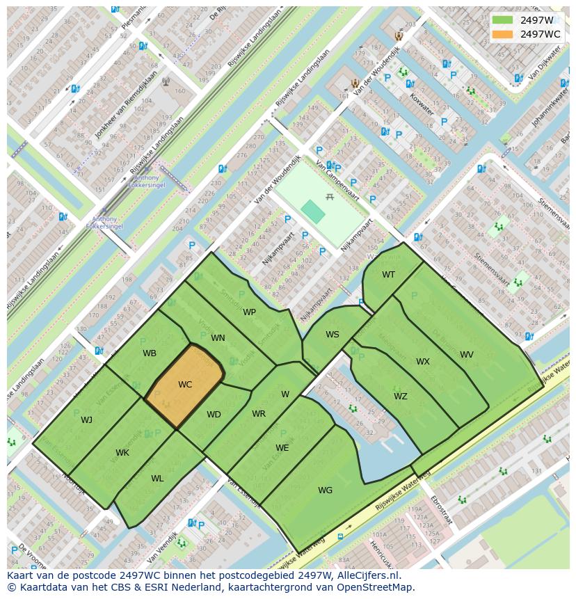 Afbeelding van het postcodegebied 2497 WC op de kaart.