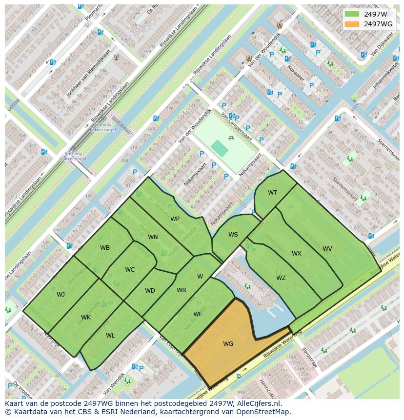 Afbeelding van het postcodegebied 2497 WG op de kaart.