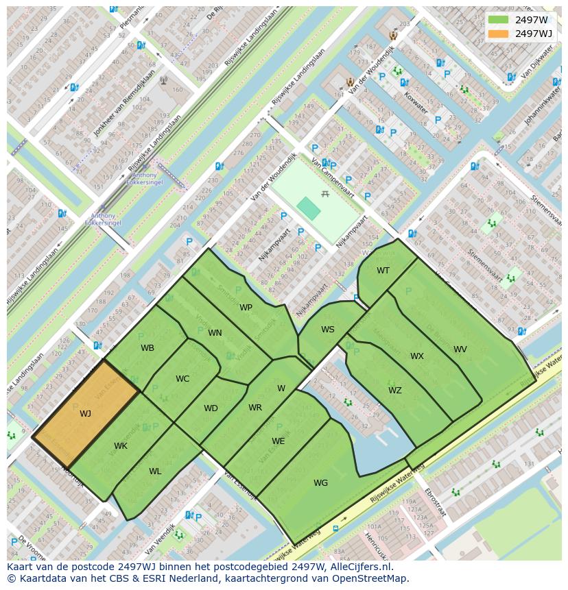Afbeelding van het postcodegebied 2497 WJ op de kaart.