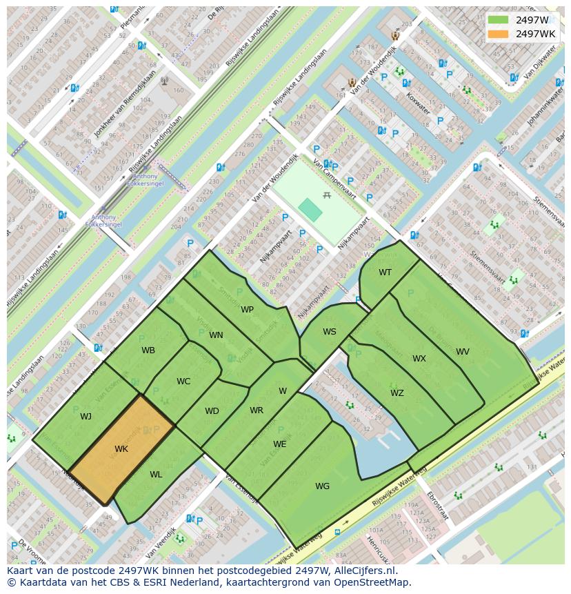 Afbeelding van het postcodegebied 2497 WK op de kaart.