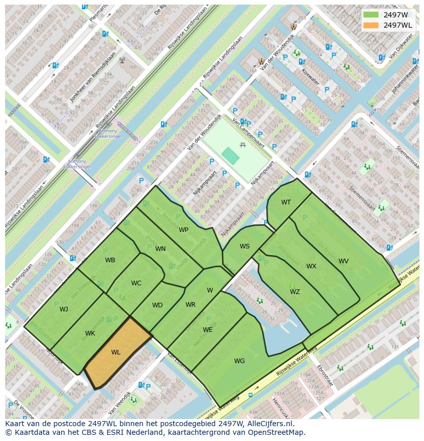 Afbeelding van het postcodegebied 2497 WL op de kaart.