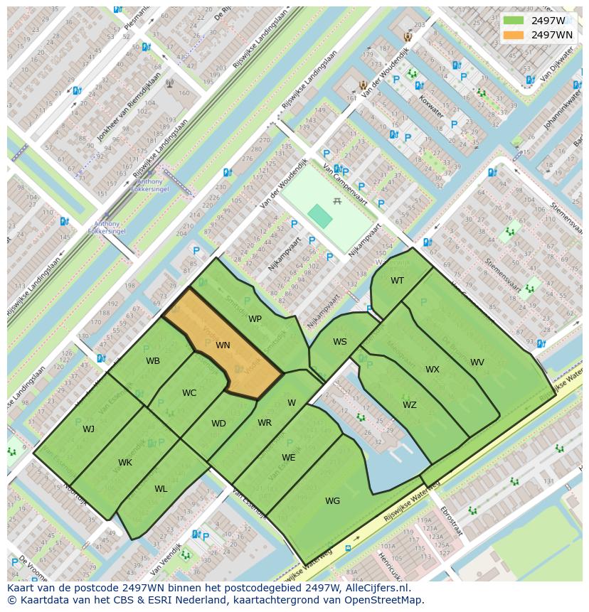 Afbeelding van het postcodegebied 2497 WN op de kaart.