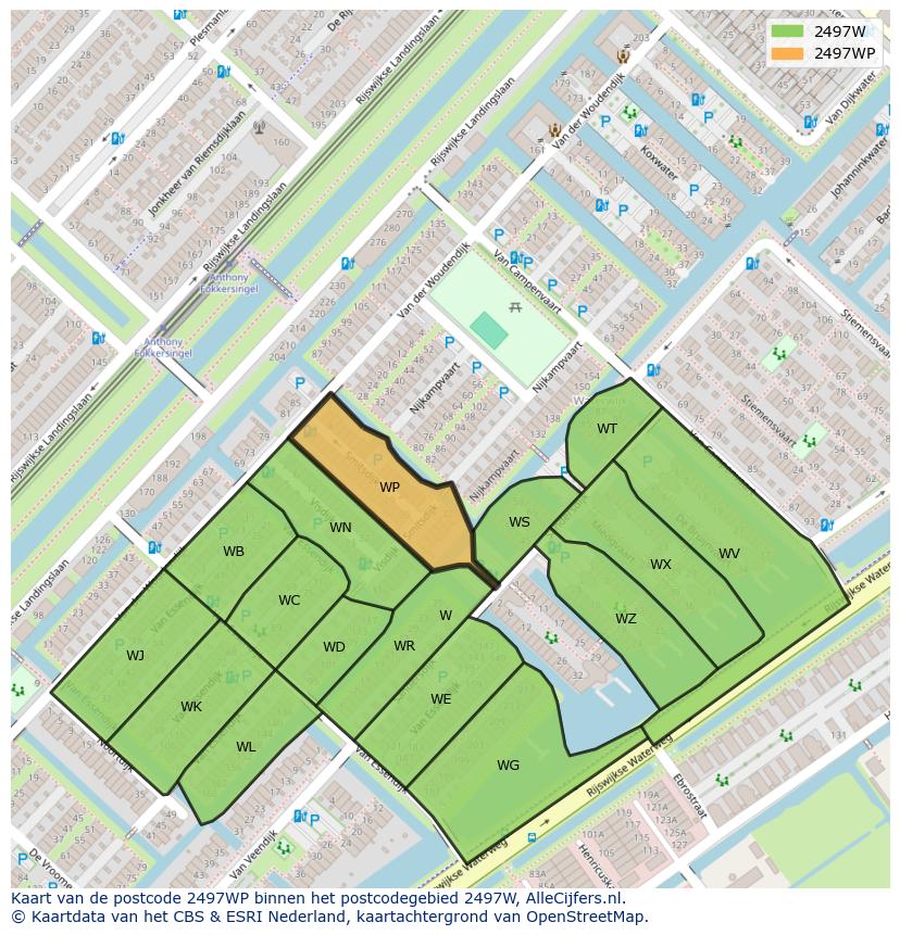 Afbeelding van het postcodegebied 2497 WP op de kaart.