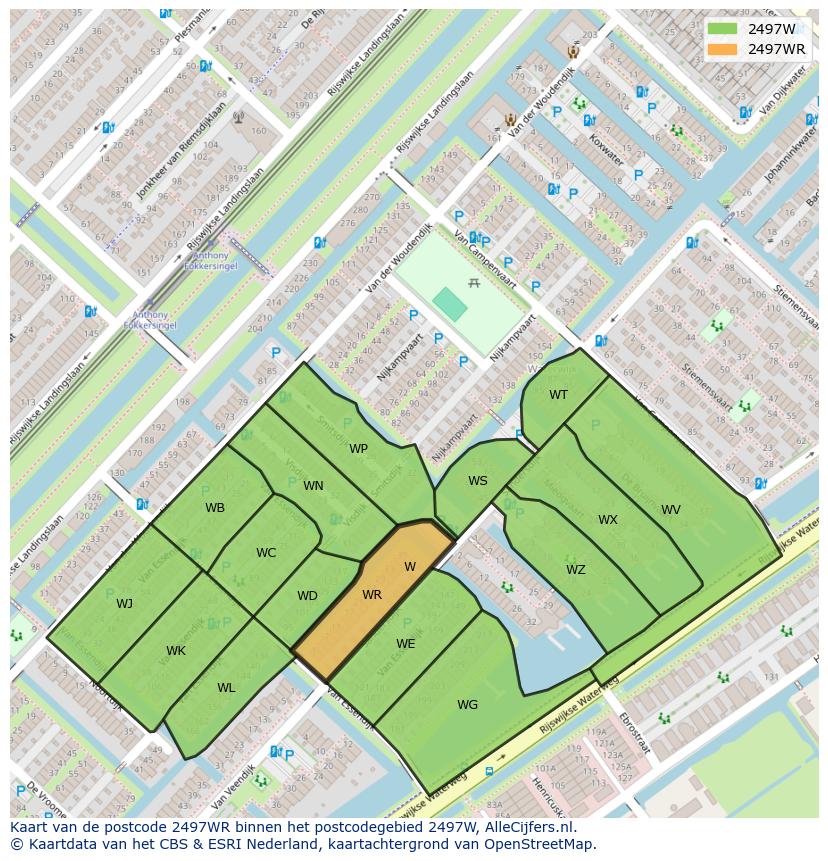 Afbeelding van het postcodegebied 2497 WR op de kaart.