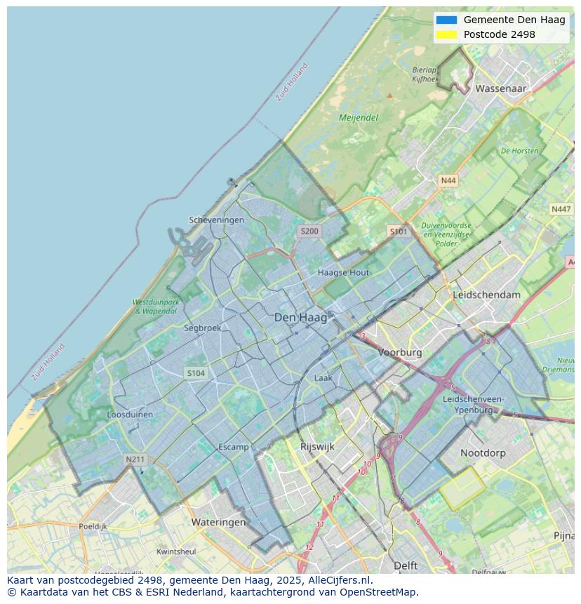 Afbeelding van het postcodegebied 2498 op de kaart.