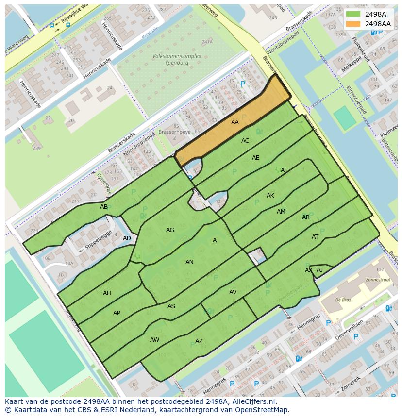 Afbeelding van het postcodegebied 2498 AA op de kaart.