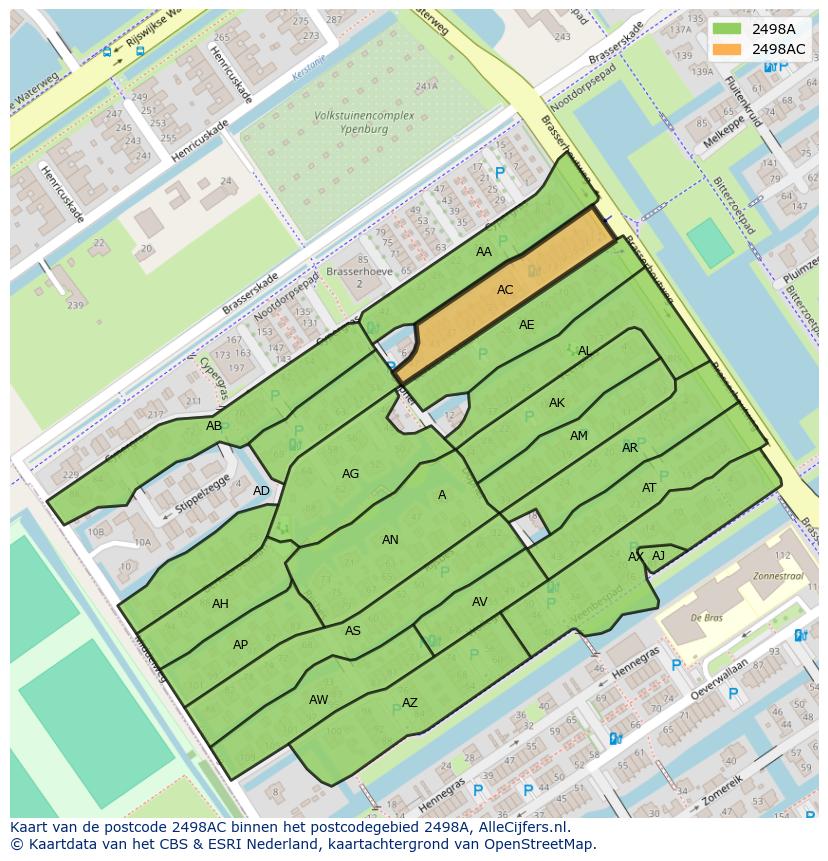 Afbeelding van het postcodegebied 2498 AC op de kaart.