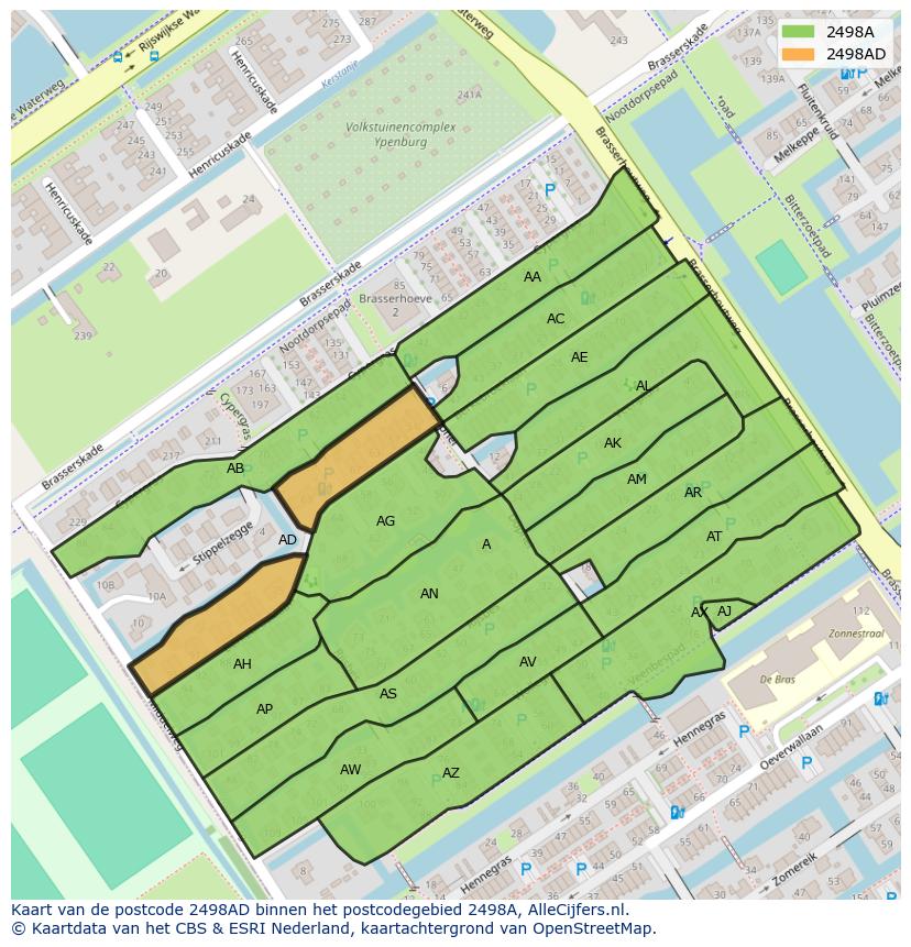 Afbeelding van het postcodegebied 2498 AD op de kaart.