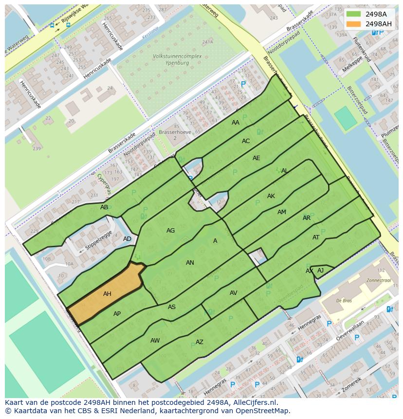 Afbeelding van het postcodegebied 2498 AH op de kaart.
