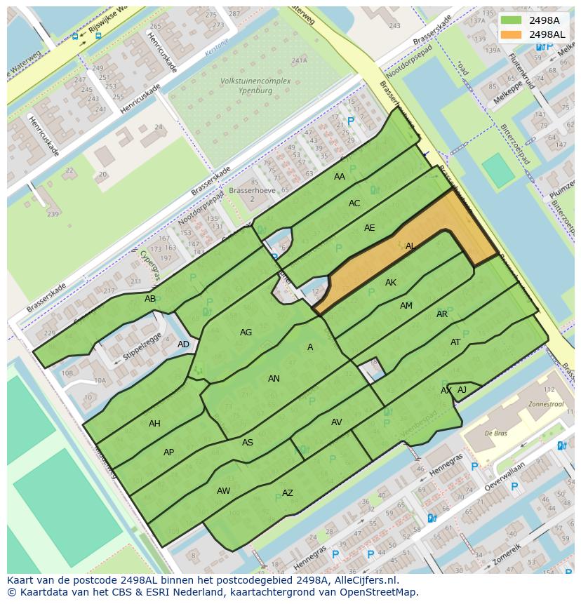 Afbeelding van het postcodegebied 2498 AL op de kaart.