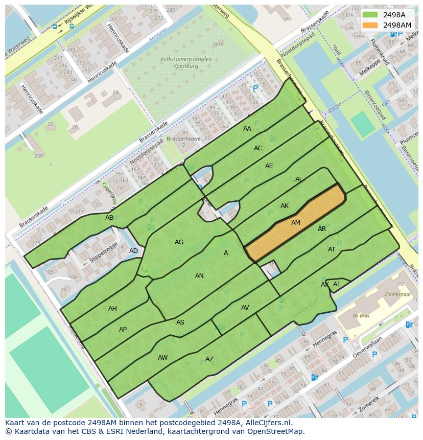 Afbeelding van het postcodegebied 2498 AM op de kaart.