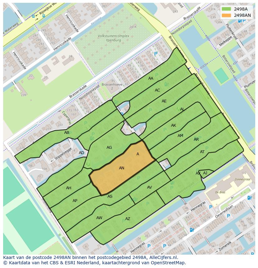 Afbeelding van het postcodegebied 2498 AN op de kaart.