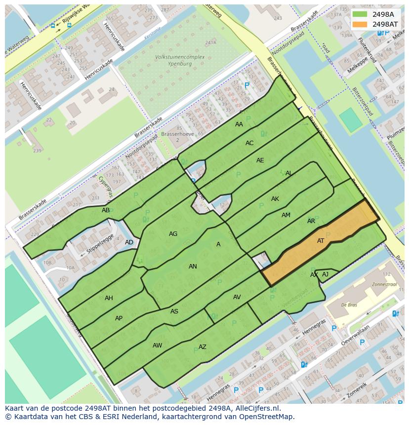 Afbeelding van het postcodegebied 2498 AT op de kaart.