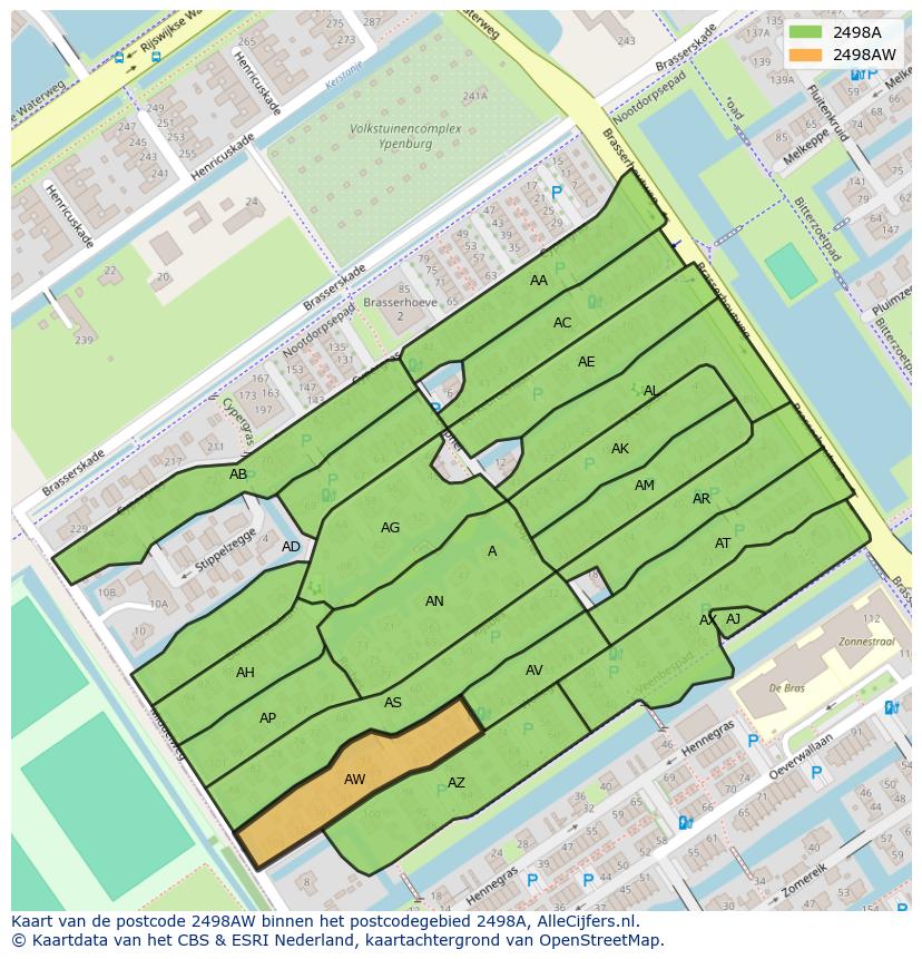 Afbeelding van het postcodegebied 2498 AW op de kaart.