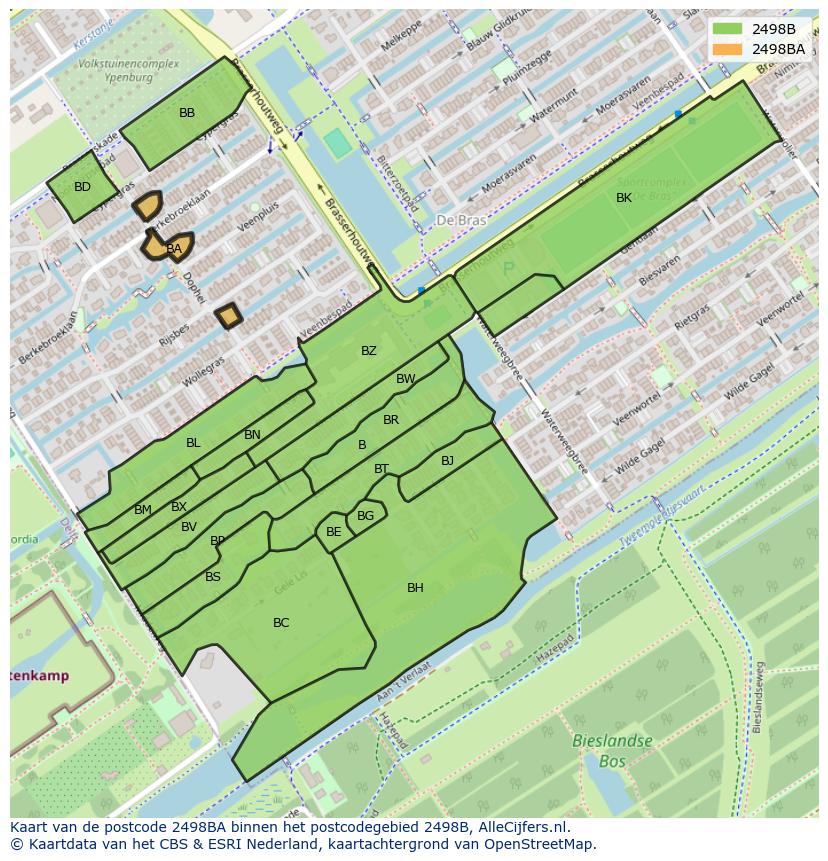 Afbeelding van het postcodegebied 2498 BA op de kaart.