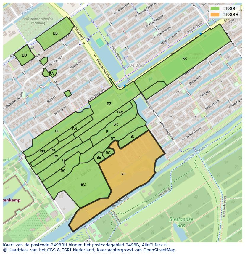 Afbeelding van het postcodegebied 2498 BH op de kaart.