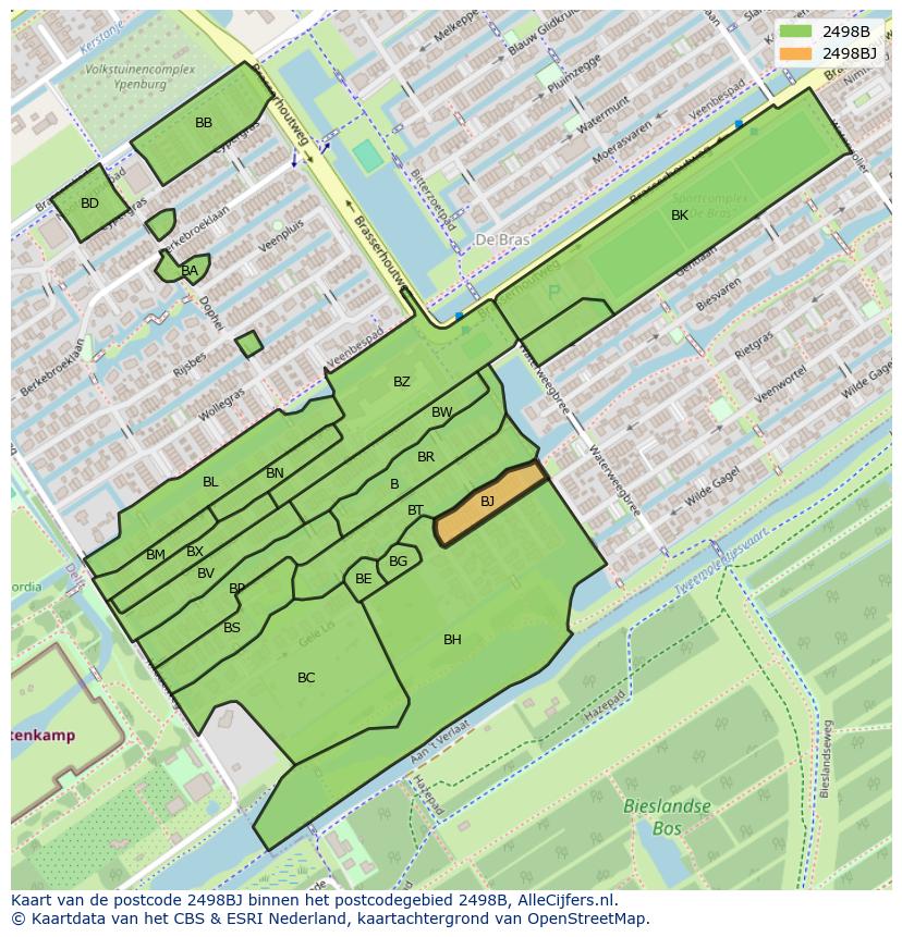 Afbeelding van het postcodegebied 2498 BJ op de kaart.