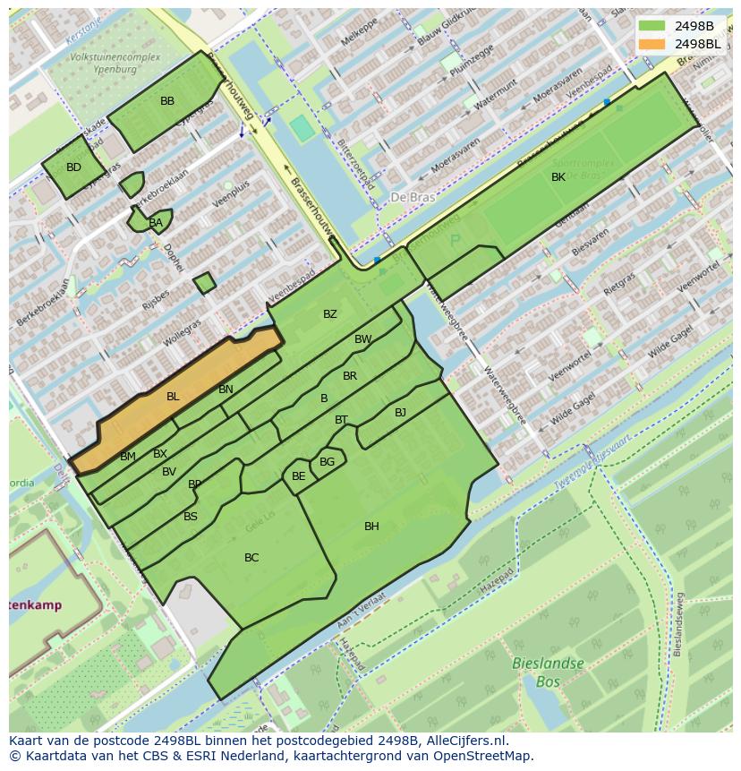 Afbeelding van het postcodegebied 2498 BL op de kaart.