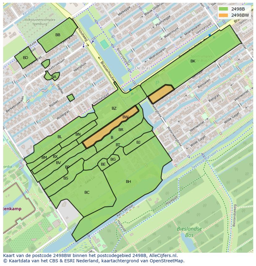 Afbeelding van het postcodegebied 2498 BW op de kaart.