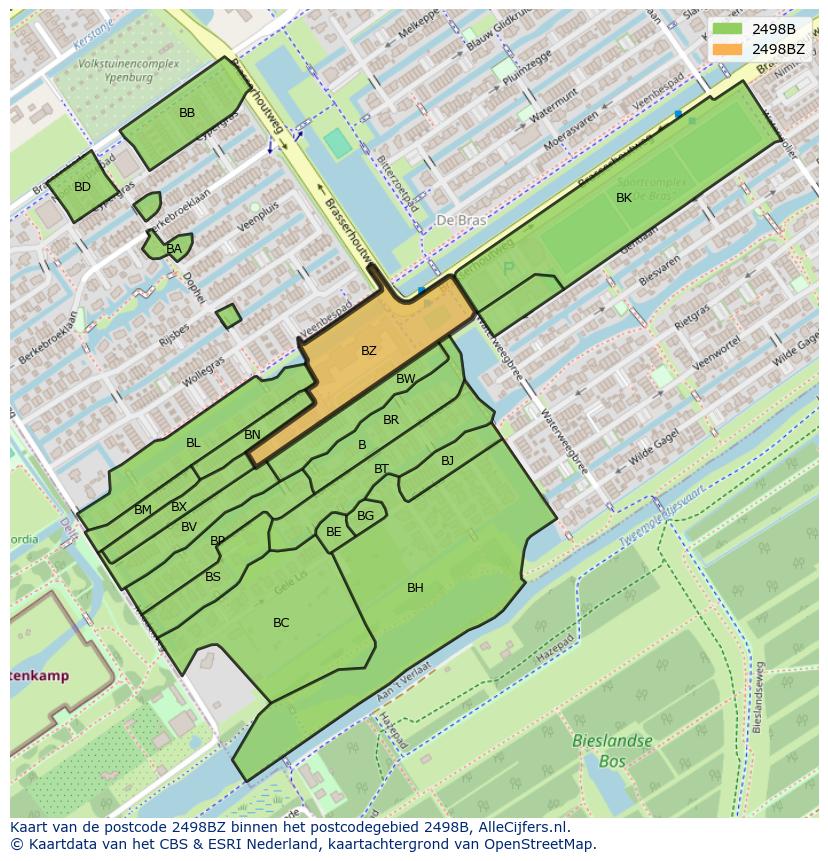 Afbeelding van het postcodegebied 2498 BZ op de kaart.