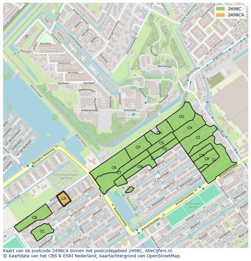 Afbeelding van het postcodegebied 2498 CA op de kaart.