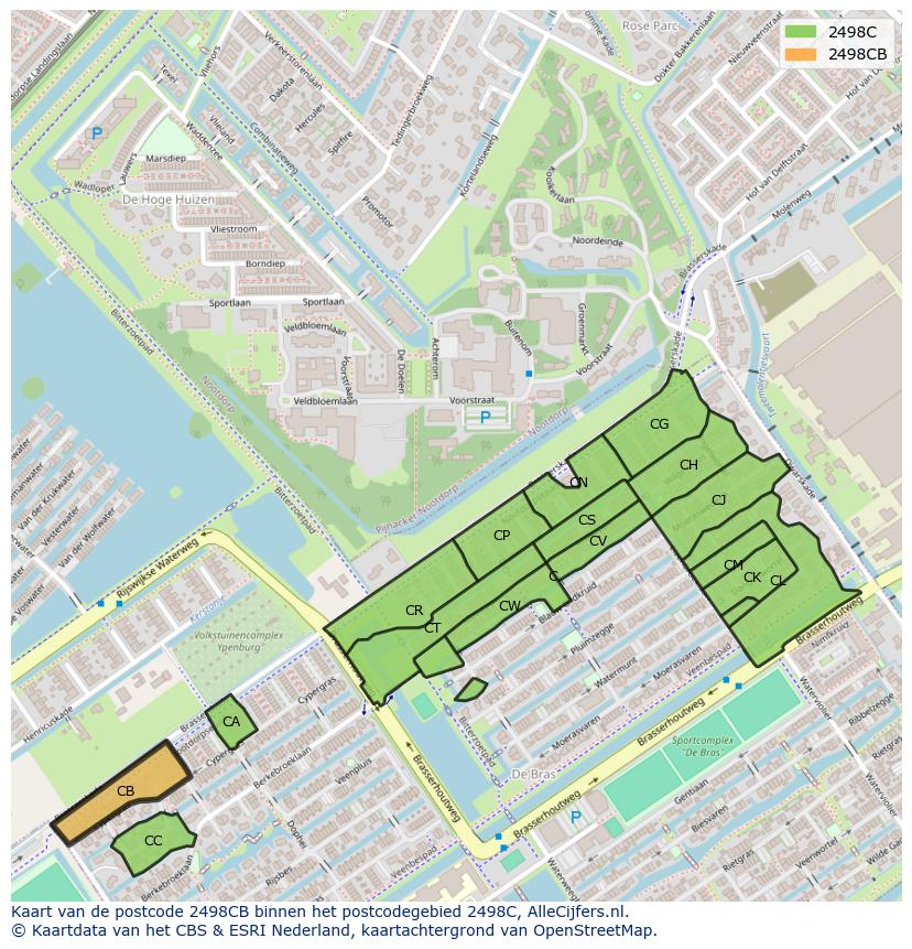 Afbeelding van het postcodegebied 2498 CB op de kaart.