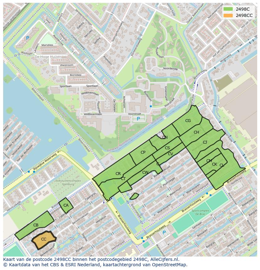 Afbeelding van het postcodegebied 2498 CC op de kaart.