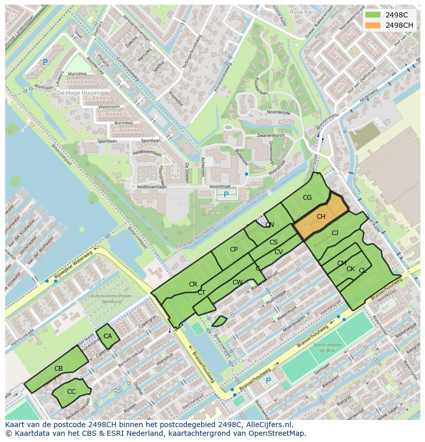 Afbeelding van het postcodegebied 2498 CH op de kaart.