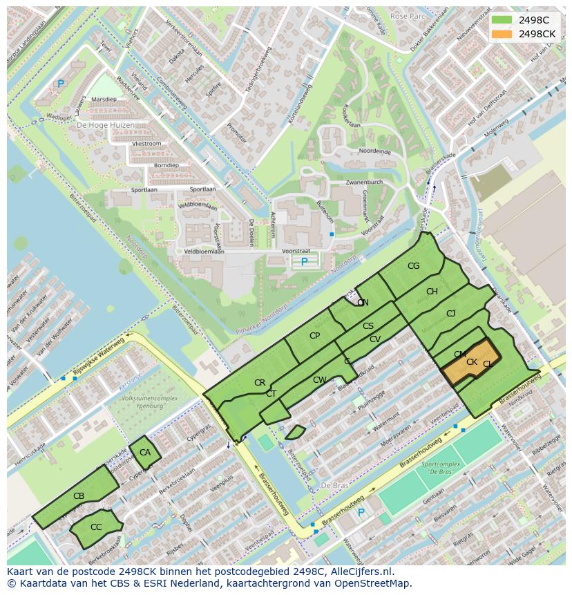Afbeelding van het postcodegebied 2498 CK op de kaart.