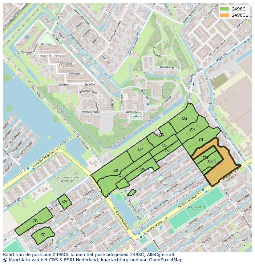 Afbeelding van het postcodegebied 2498 CL op de kaart.