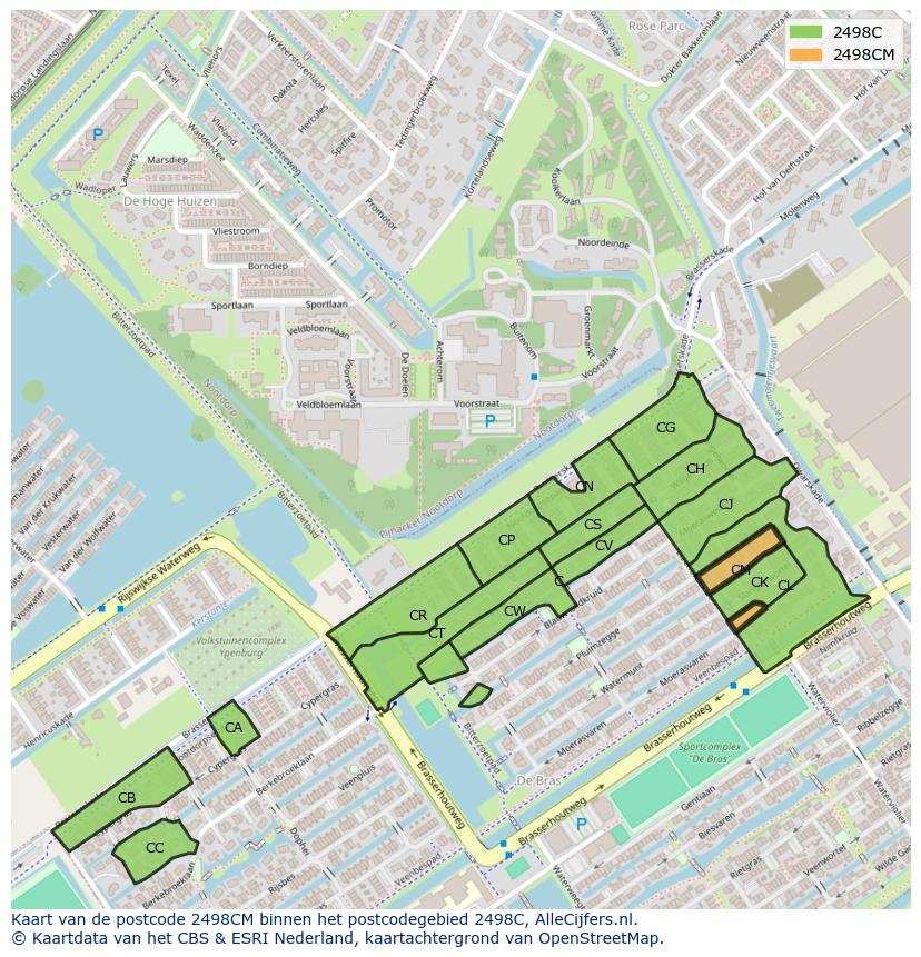 Afbeelding van het postcodegebied 2498 CM op de kaart.