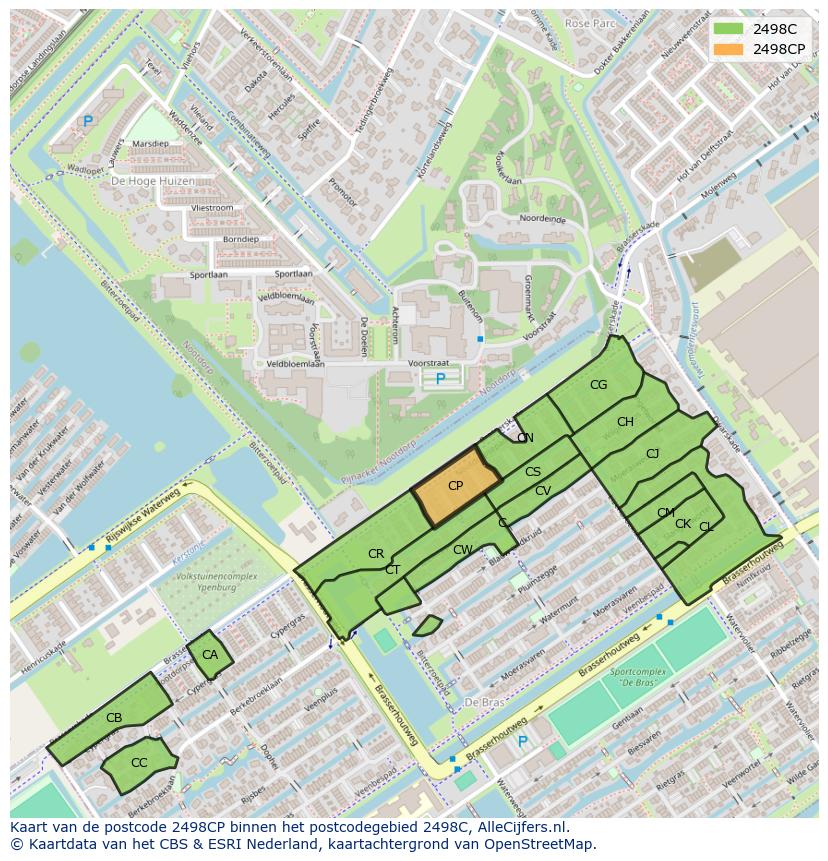 Afbeelding van het postcodegebied 2498 CP op de kaart.