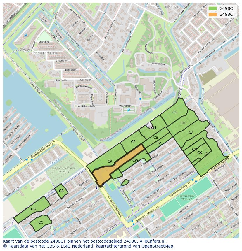 Afbeelding van het postcodegebied 2498 CT op de kaart.