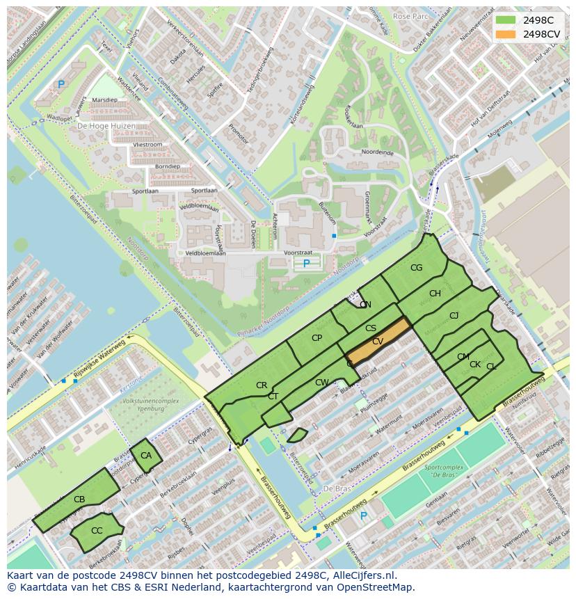Afbeelding van het postcodegebied 2498 CV op de kaart.