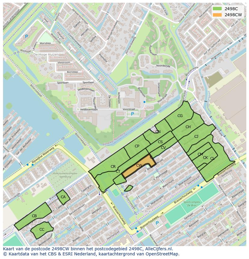 Afbeelding van het postcodegebied 2498 CW op de kaart.