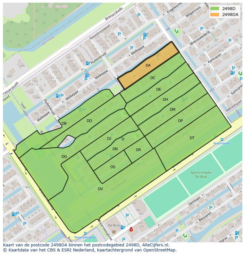 Afbeelding van het postcodegebied 2498 DA op de kaart.