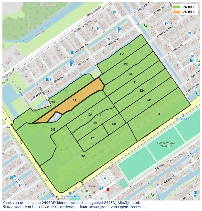 Afbeelding van het postcodegebied 2498 DD op de kaart.