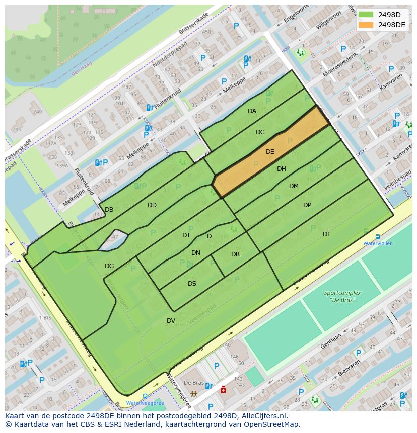Afbeelding van het postcodegebied 2498 DE op de kaart.